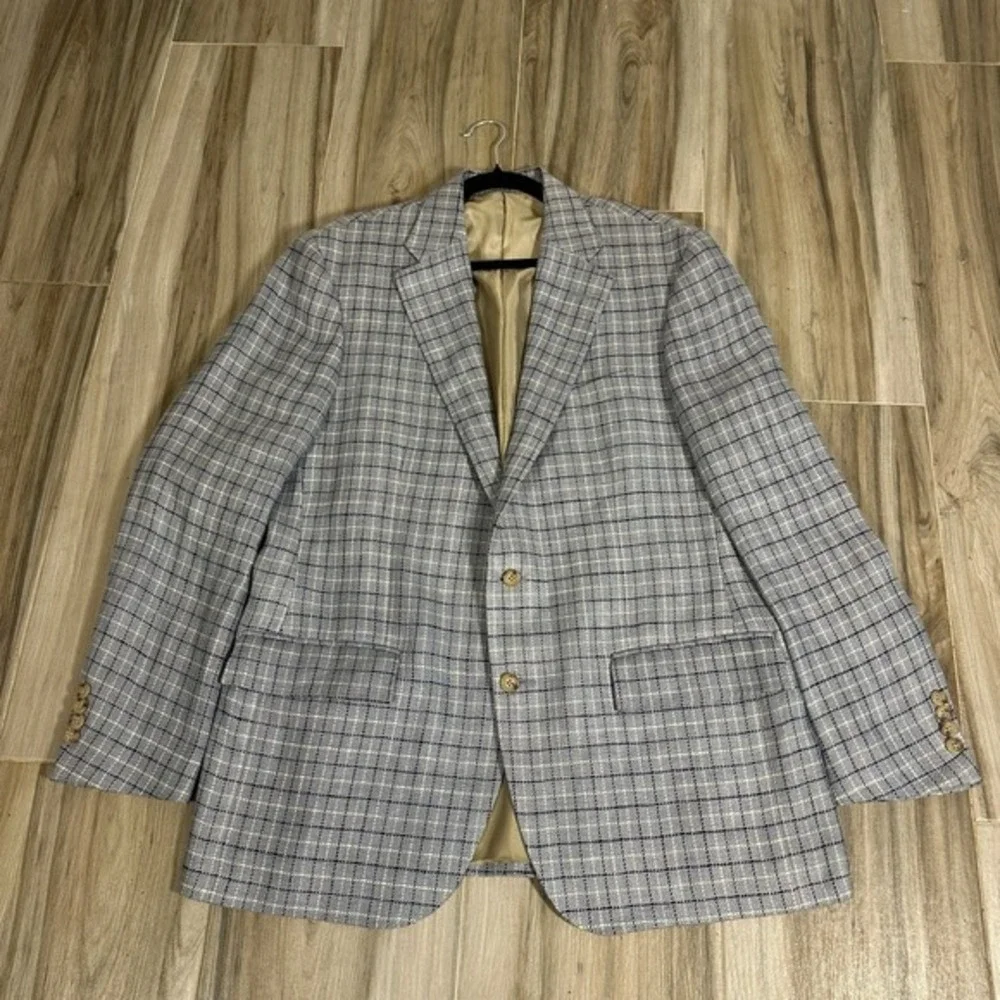 VTG Polo Ralph Lauren‎ Blazer Blue Checkered Sport Coat Size 44R Flax Casual